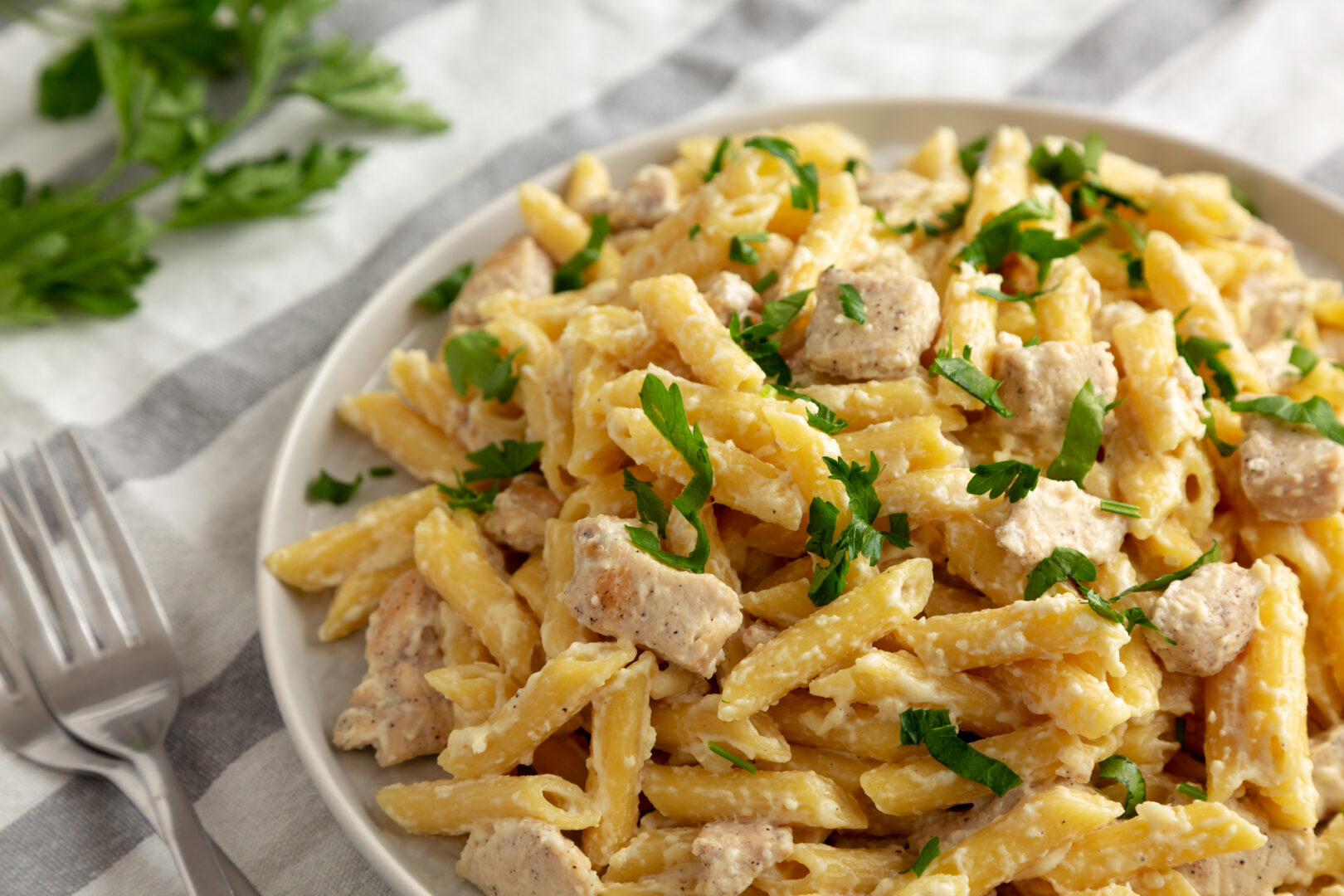 Homemade One-Pot Chicken Alfredo Pasta with Parsley on a Plate, Lemon Chicken Pasta Salad