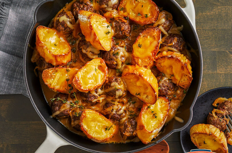 baked-italian-meatballs-with-butterkase-toasts-wlogo-DFW Garlic Herb Meatballs with Butterkase Toasts